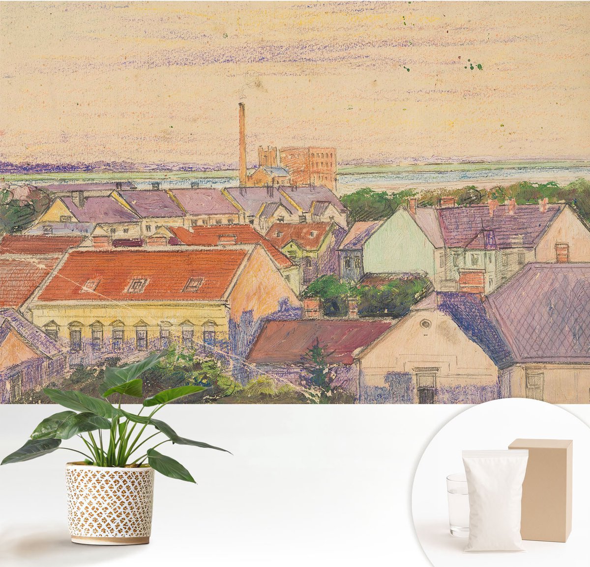 Wallfluent Fotobehang - Beige Vliesbehang - 152x104 cm - Stedelijke Daken Muurschildering - Slaapkamer behang Architectuur - Fotobehang Vlies - Slaapkamer behang
