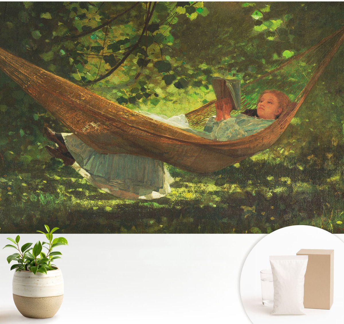 Wallfluent Fotobehang - Groente Vliesbehang - 104x70 cm - Ontspannen In Een Hangmat Muurschildering - Slaapkamer behang Bloemen En Planten - Fotobehang Vlies - Slaapkamer behang