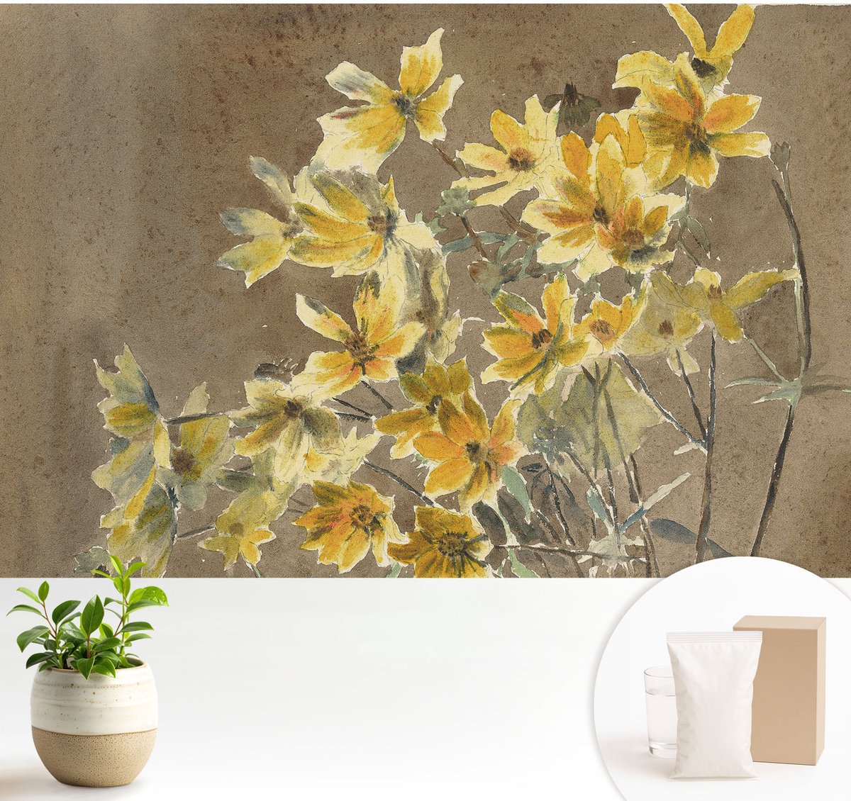 Wallfluent Fotobehang - Bruin Vliesbehang - 104x70 cm - Zonnig Boeket Muurschildering - Slaapkamer behang Bloemen En Planten - Fotobehang Vlies - Slaapkamer behang