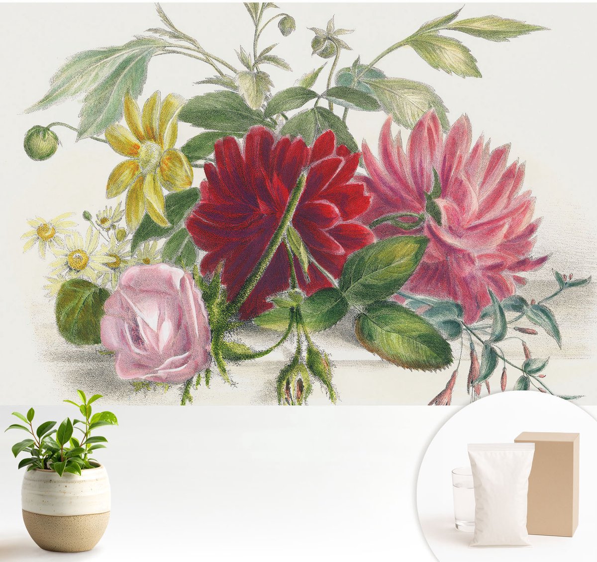 Wallfluent Fotobehang - Groente Vliesbehang - 104x70 cm - Bloemenboeket Fotobehang Vlies - Woonkamer behang Bloemen En Planten - Muurschildering - Hal behang