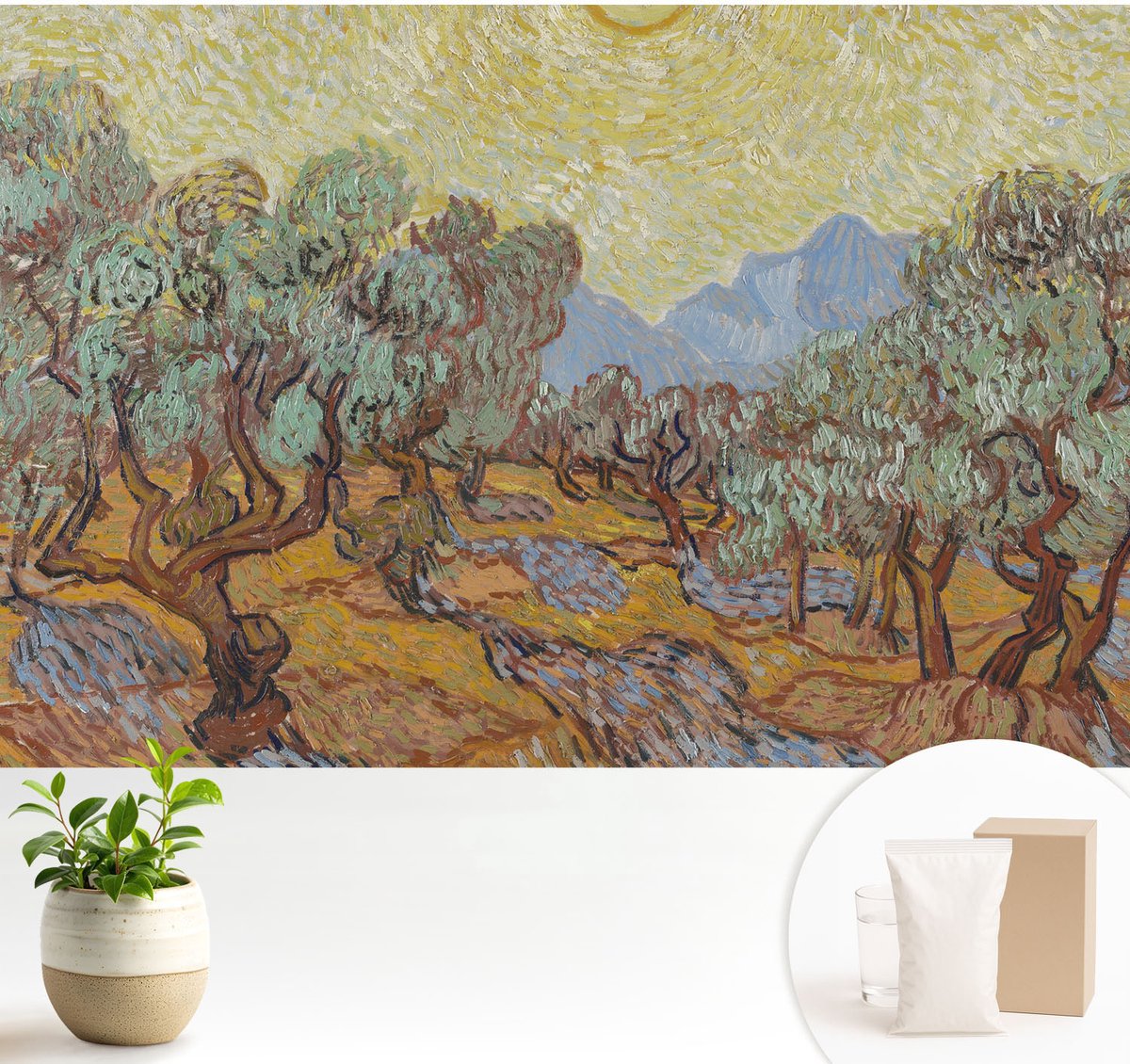 Wallfluent Fotobehang - Geel Vliesbehang - 104x70 cm - Olijfbomen Muurschildering - Slaapkamer behang Bloemen En Planten - Fotobehang Vlies - Slaapkamer behang