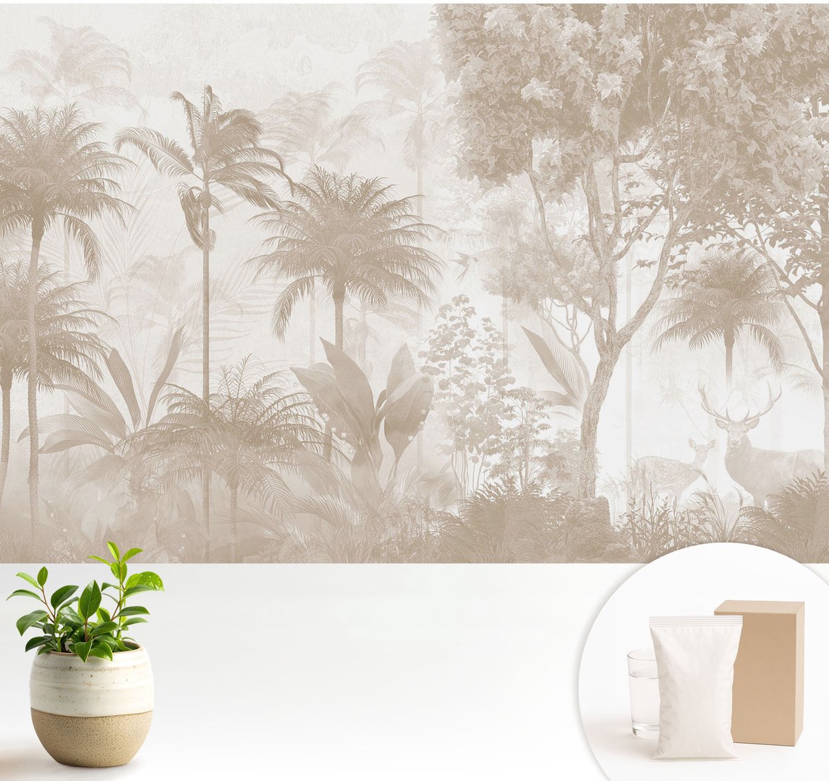 Wallfluent Fotobehang - Beige Vliesbehang - 104x70 cm - Tropisch Landschap Fotobehang Vlies - Woonkamer behang Bloemen En Planten - Muurschildering - Woonkamer behang