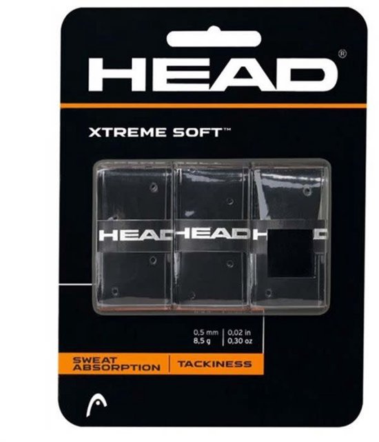 Pak met drie transparante HEAD XTREME SOFT tennis grips, met logo's en informatie over zweetabsorptie.