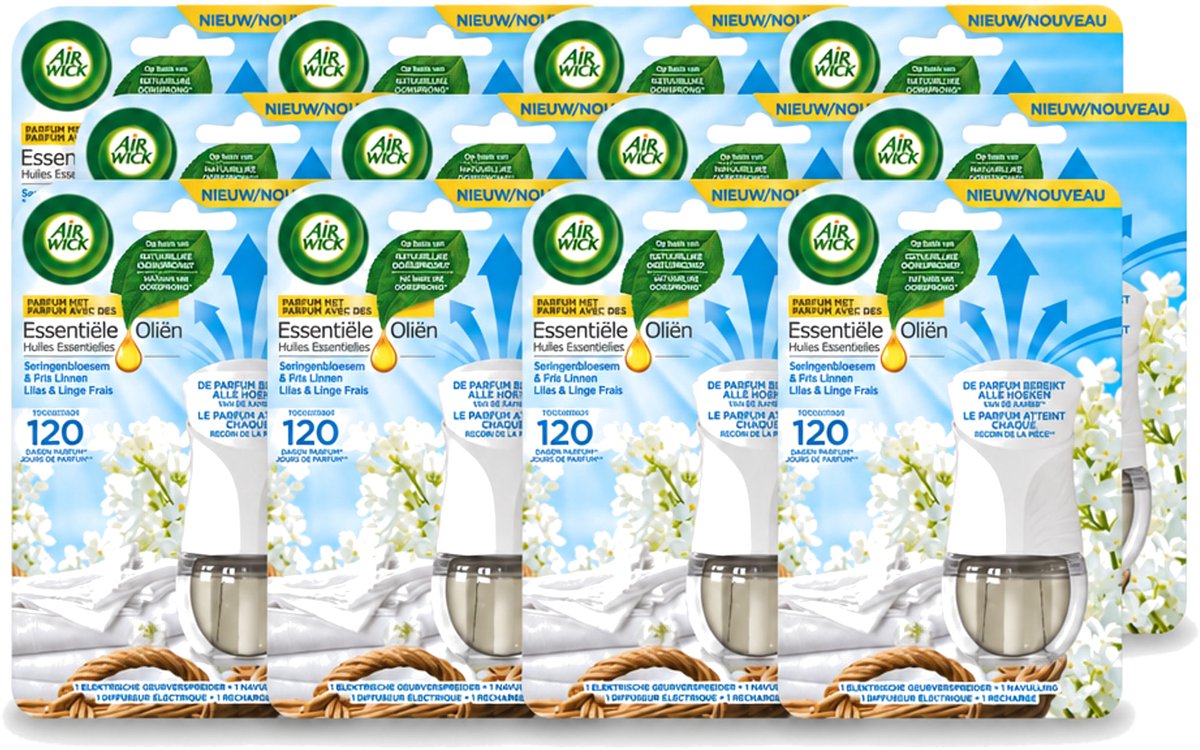 12 x Air Wick Essential Oils - Elektrische Geurverspreider Starterkit - Sering & Fris Linnen - 19ml - Voordeelverpakking - 12 stuks
