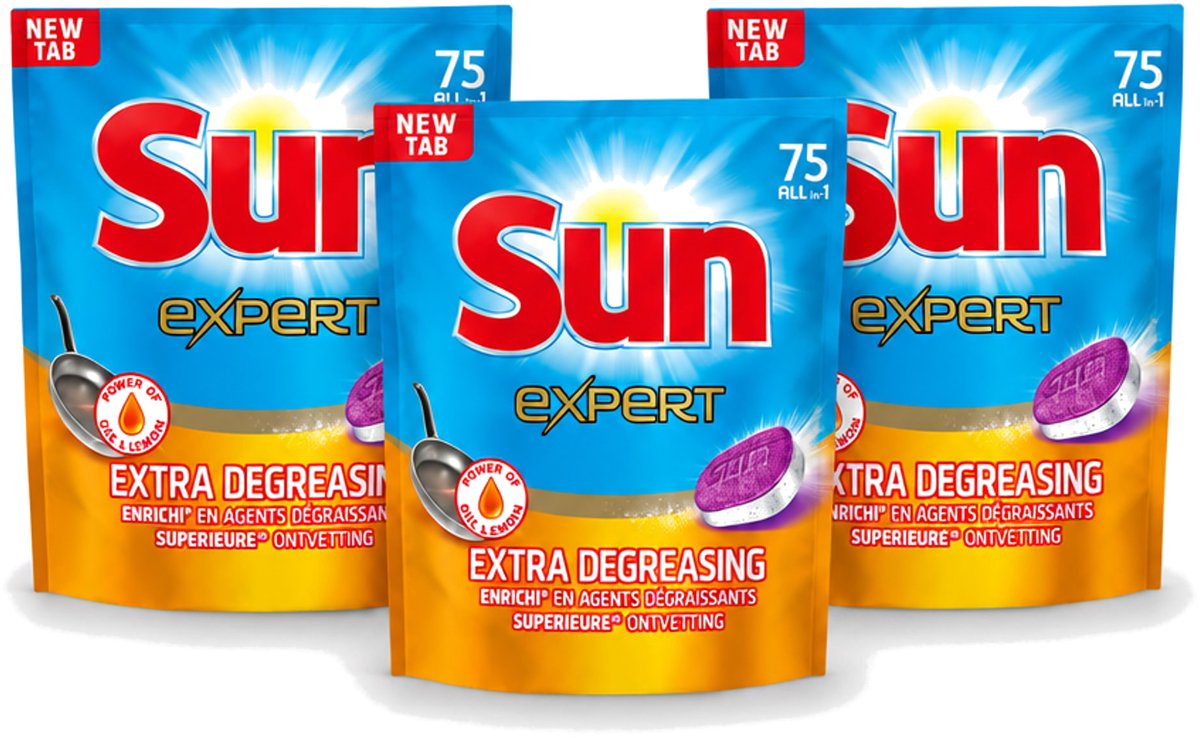 3 x Sun Expert - All-in-1 - Vaatwastabletten - Extra Ontvettend - 75 Tabletten - Voordeelverpakking - 3 stuks