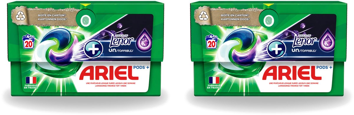 2 x Ariel Original - Touch of Lenor Unstoppables - Wasmiddelcapsules - Pods+ - Witte en Gekleurde Was - 20 Wasbeurten - Voordeelverpakking - 2 stuks