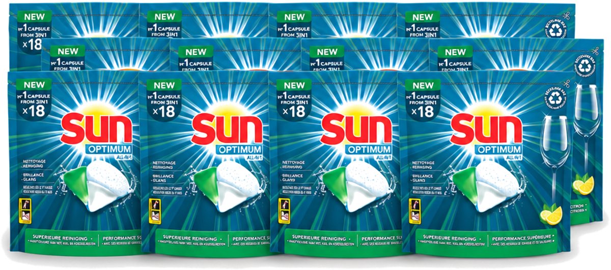 12 x Sun Optimum - All-in-1 - Vaatwasmiddel - Capsules - Citroen - 18 Capsules - Voordeelverpakking - 12 stuks