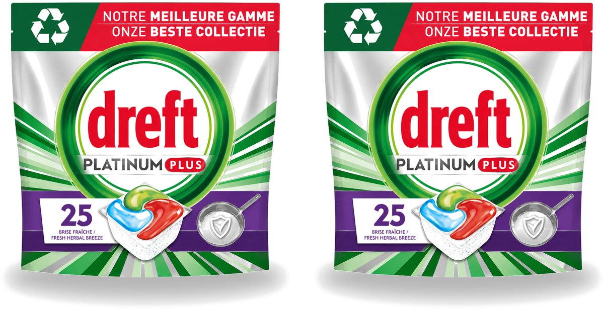 2 x Dreft Platinum Plus - Vaatwascapsules - Deep Clean Boosted - Fresh Herbal Breeze - 25 Afwasbeurten - Voordeelverpakking - 2 stuks