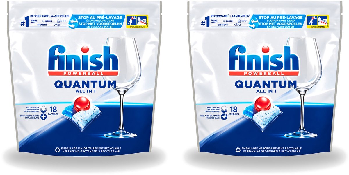 2 x Finish Powerball - Quantum All in 1 - Vaatwastabletten - Stralende Glans - 18 Tabletten - Voordeelverpakking - 2 stuks