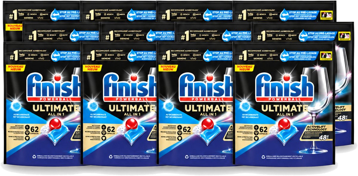 12 x Finish Powerball - Ultimate All in One - Vaatwastabletten - Met Bicarbonaat - 62 Capsules - Voordeelverpakking - 12 stuks