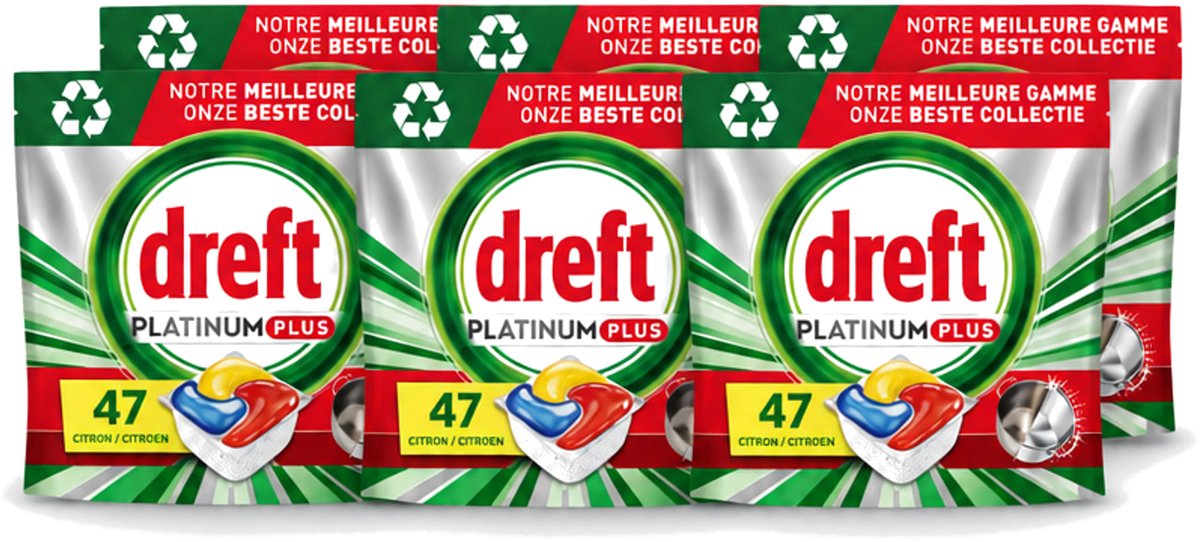 6 x Dreft Platinum Plus - All In One - Vaatwascapsules - Anti-Matt Technologie - Citroen - 47 Afwasbeurten - Voordeelverpakking - 6 stuks