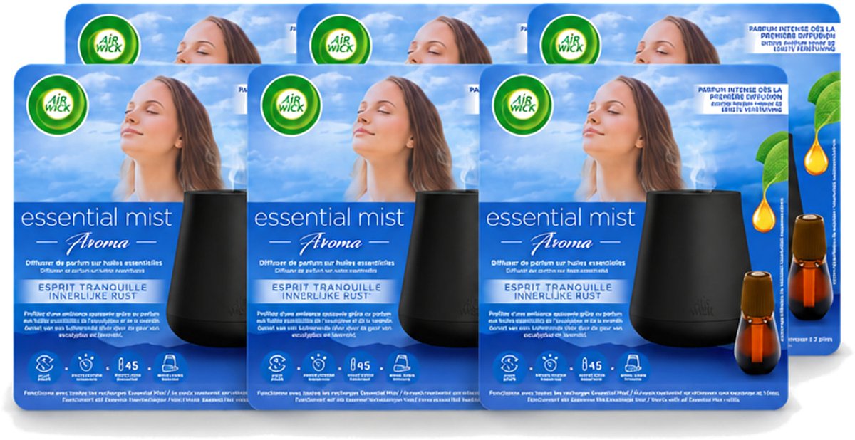 6 x Air Wick Essential Mist - Automatische Luchtverfrisser Kit - Innerlijke Rust - Eucalyptus & Lavendel - Voordeelverpakking - 6 stuks