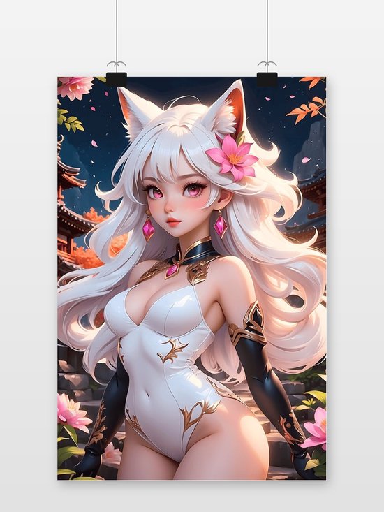 Een anime-meisje met wit haar, kattenoren en een witte outfit met gouden details, met roze bloemen.