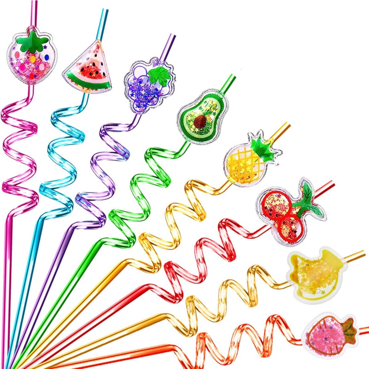 SnelShoppen - 8 Herbruikbare Rietjes met Glitter en Fruithangers - Kleurrijke Spiraal Rietjes voor Kinderfeestjes, Vaatwasmachinebestendig, Plastic, F