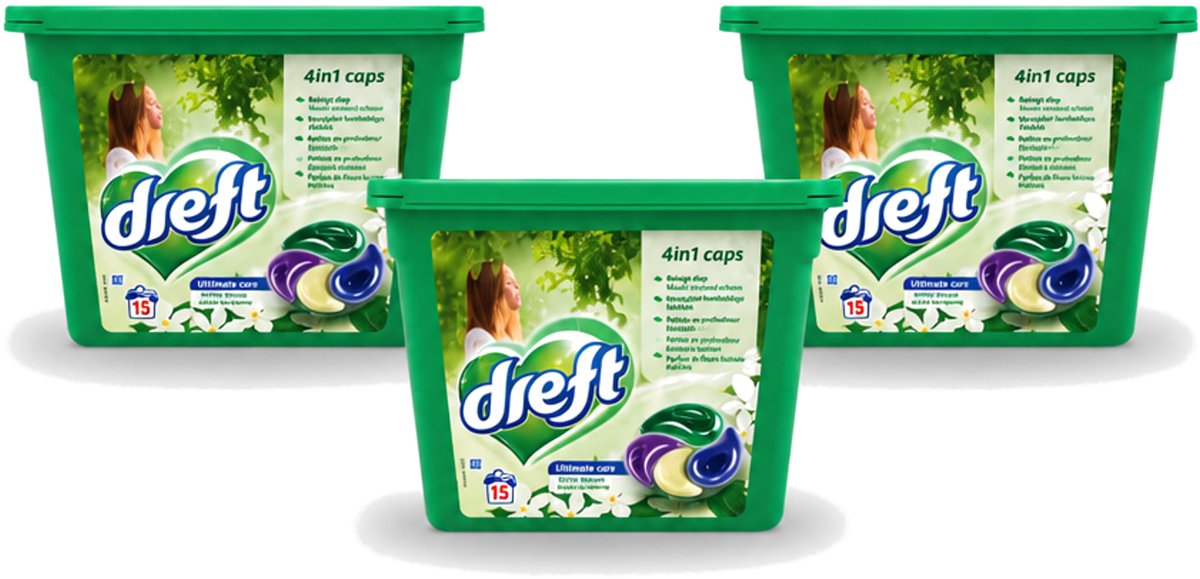 3 x Dreft - Wasmiddelcapsules 4in1 - Witte en Gekleurde Was - Witte Bloem - 15 Wasbeurten - Voordeelverpakking - 3 stuks