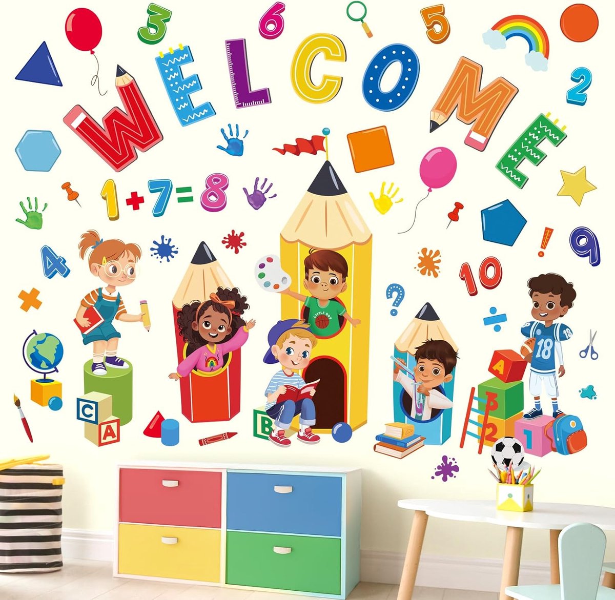 Wandstickers kinderen - kleurrijke geometrische cijfers - decoratief voor klaslokaal en kinderkamer - ShopVlot