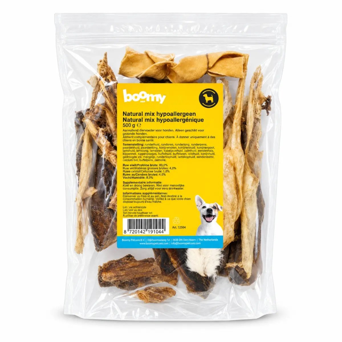 Boomy - Natural Hypoallergenic Mix 500 g – Natuurlijke hondensnacks met konijn, paard, kameel & eend - Hondenkoekjes - Kauwstaven hond - Hondensnoepjes - Snackpakket