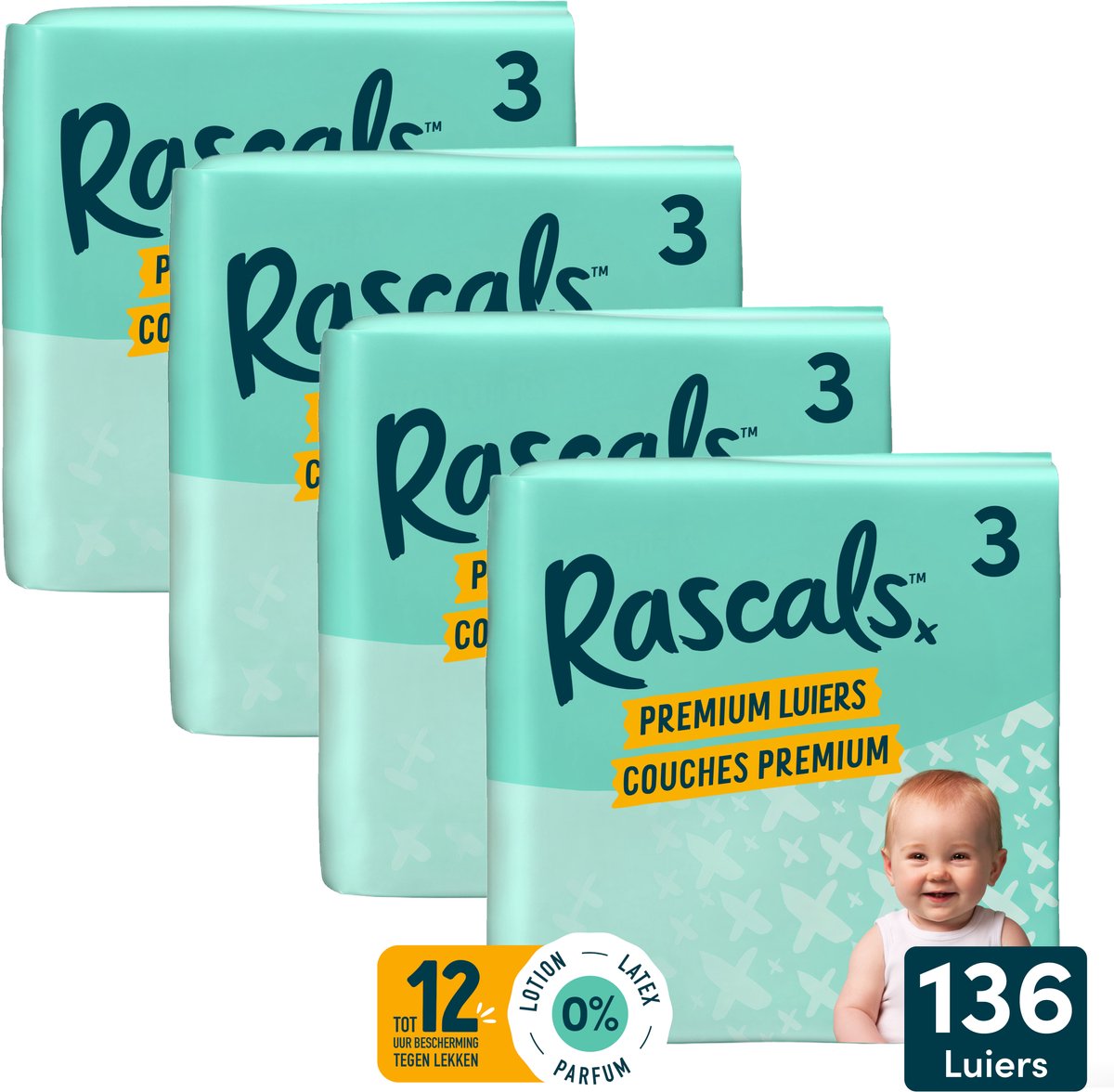 Rascals Premium Luiers Maat 3 6-11 KG 136 stuks