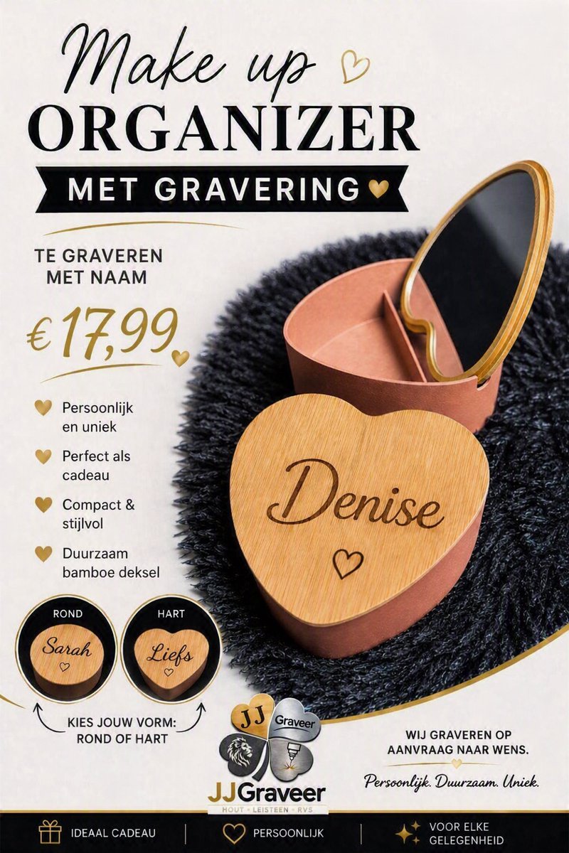 Make-up Doos Hart-Rond incl Spiegel