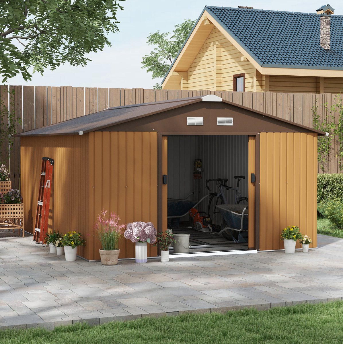 MEUNIQ Gereedschapsschuur van verzinkt staal 340 x 386 x 200 cm met bodemplaat, 2 schuifdeuren en ventilatieopeningen voor de tuin - Geel