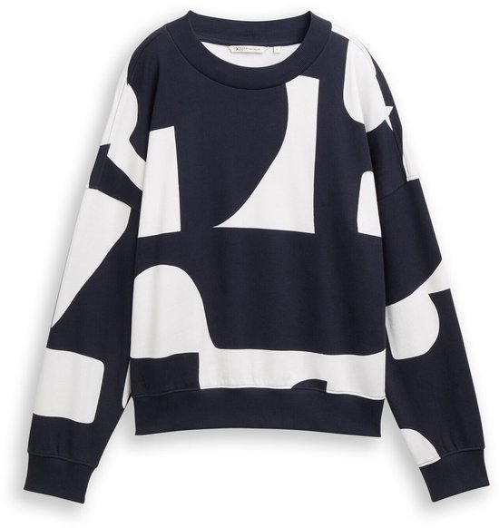Donkerblauwe sweater met een all-over witte abstracte print en lange mouwen.