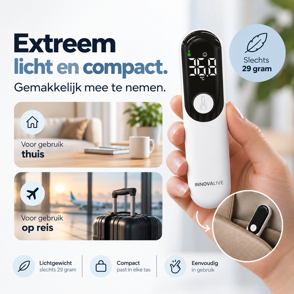 InnovaLive® Koortsthermometer Voorhoofd – Contactloos Infrarood – voor Baby's, Kinderen & Volwassenen – Digitaal – USB-C Oplaadbaar — cadeau in Cadeau-ideeën - foto 6