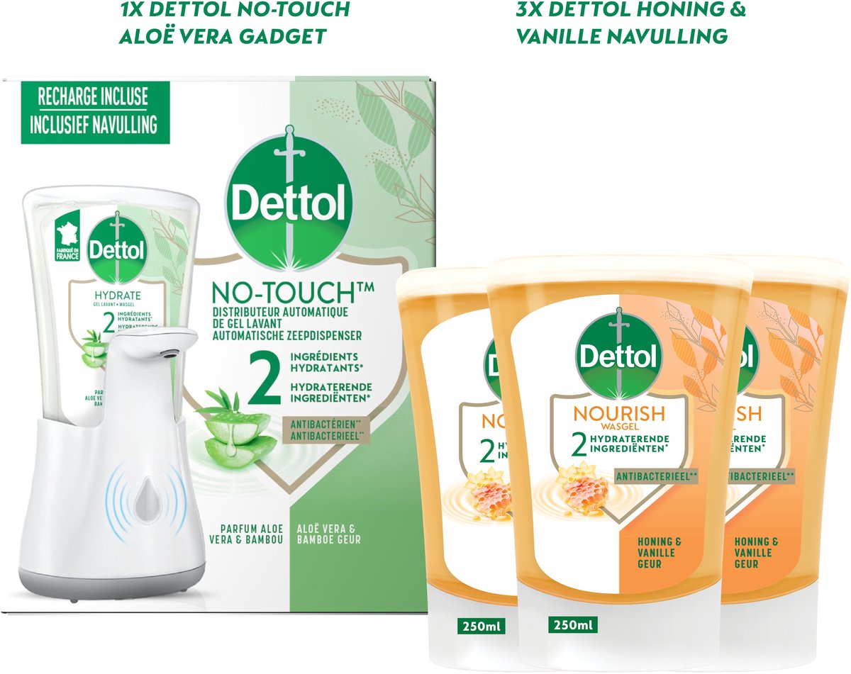 Bol.com Dettol - Automatische Zeepdispenser No Touch & 3x250ml Handzeep No Touch Navulling - Honing & Sheabutter - Voordeelverpa... aanbieding