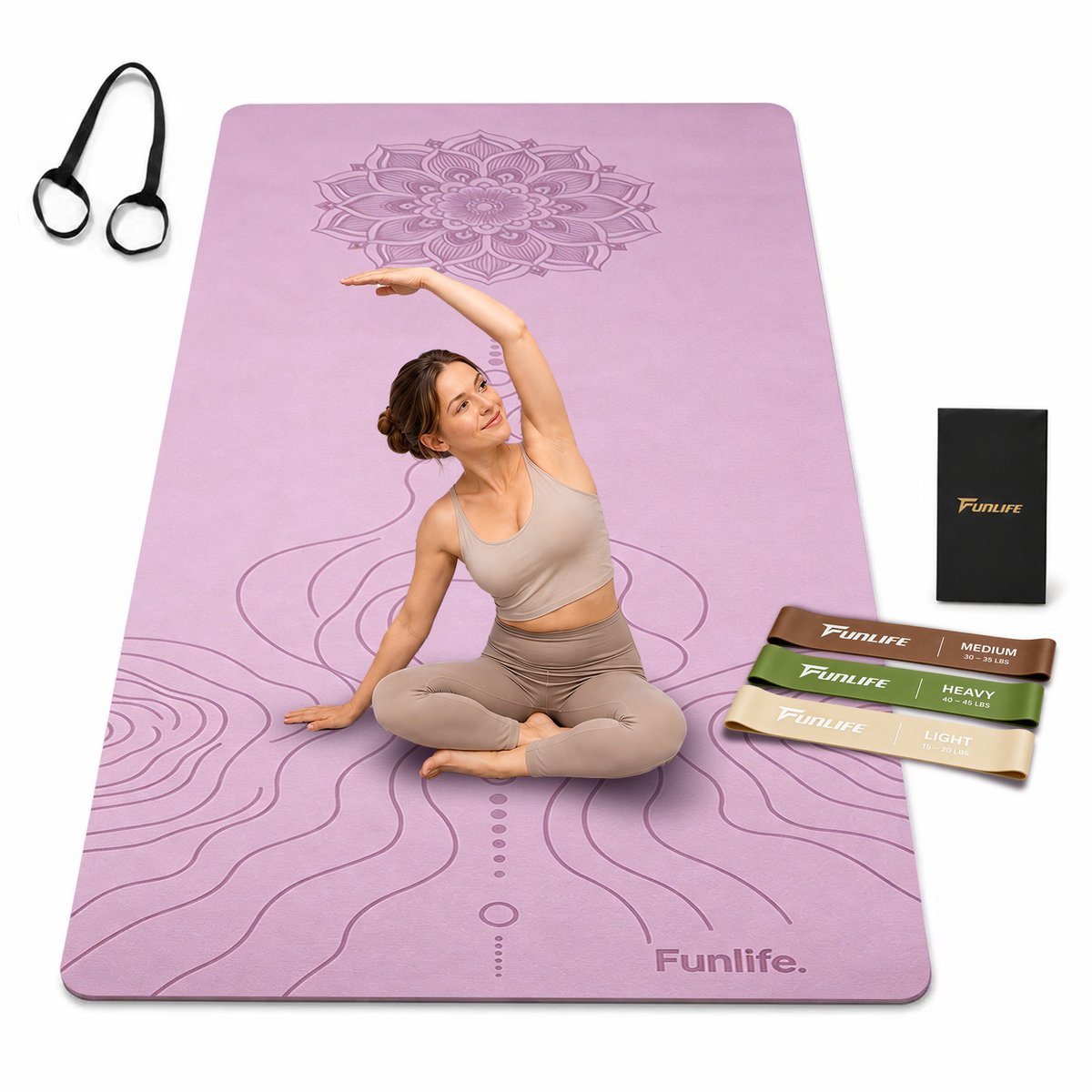FunLife Yogamat Set Extra Breed 183 x 80 cm - 8 mm TPE Antislip Fitnessmat - Met Draagriem en 3 Weerstandsbanden - Yoga Pilates Sportmat