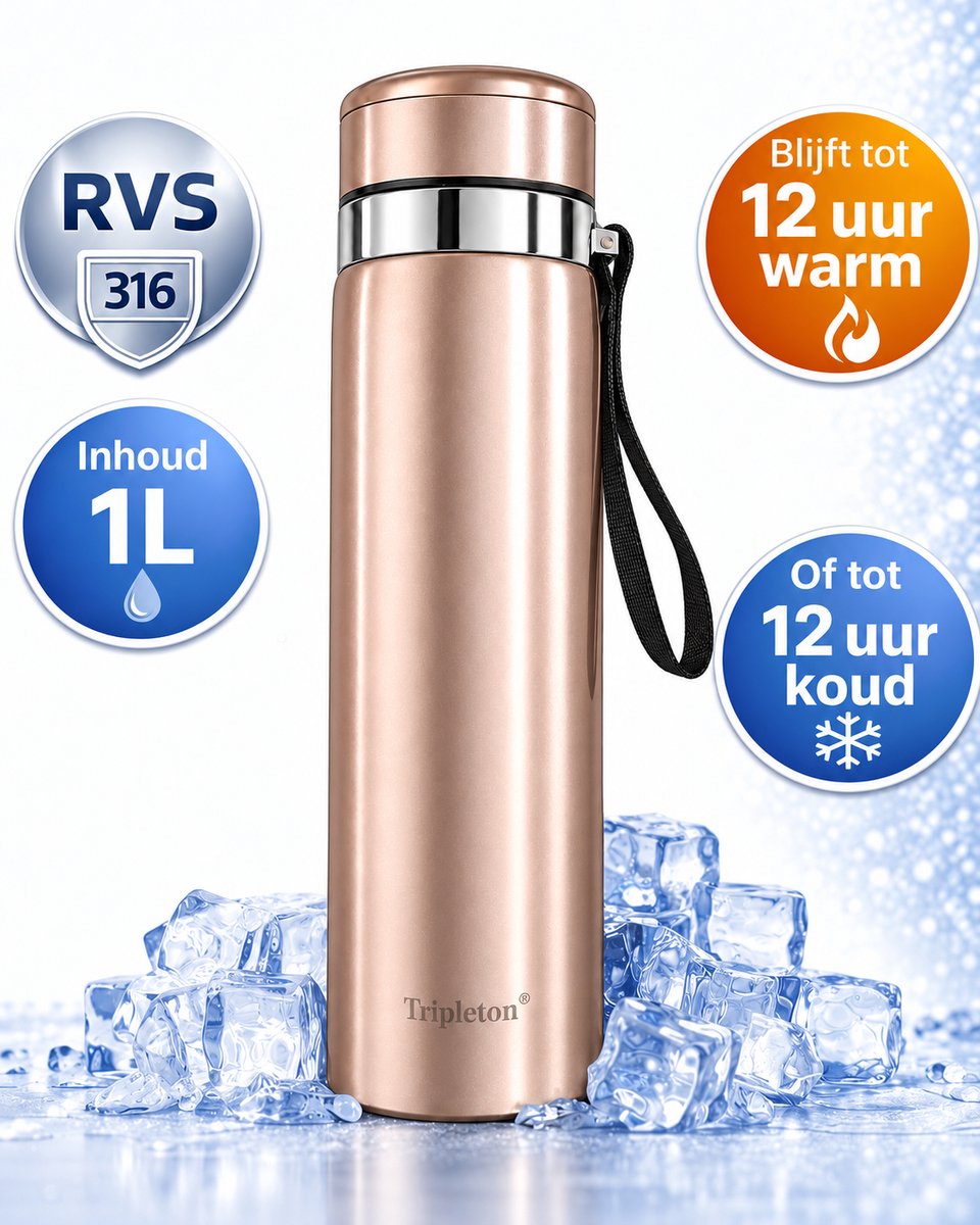 Tripleton® Luxe Thermosfles 1 Liter - RVS Isoleerfles Dubbelwandig - Drinkfles Warm & Koud - Goud Metallic - 1000ml