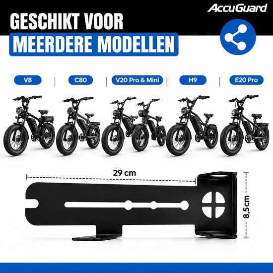 Weergave van diverse fatbike modellen: V8, C80, V20 Pro & Mini, H9, E20 Pro, met een zwarte AccuGuard beugel.