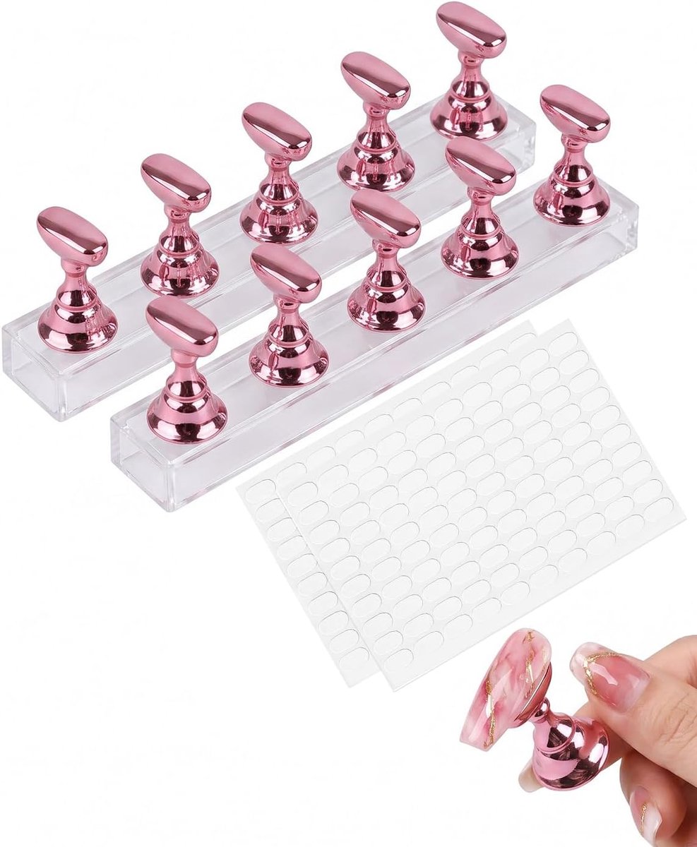 2 magnetische nagelhouders met 200 lijm, manicurestandaard voor nagelontwerpen, herhaalde praktijk, nail art, nagelmonster om te schilderen - roze