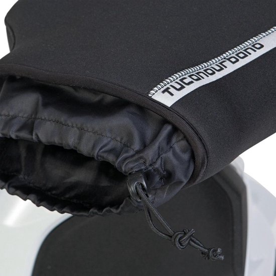 Detail van de zwarte Tucano Urbano neopreen handmof met binnenzijde en sluitkoord.