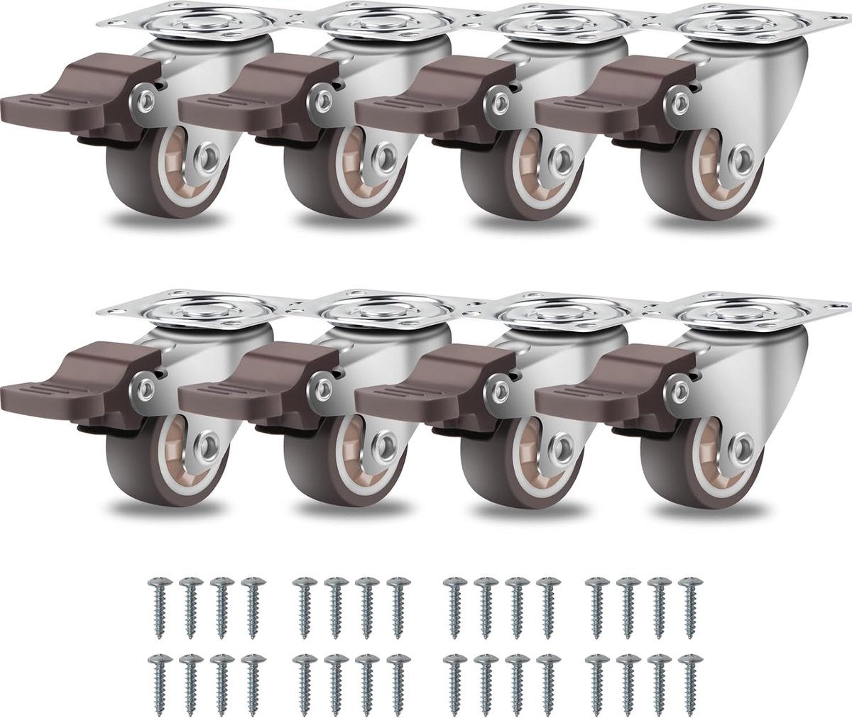 B D WEIBIDA Meubelwielen, klein, 25 mm, met 8 remmen, 360 graden zwenkwielen met 10 kg draagvermogen per wielen, geruisloze wielen van massief rubber voor meubeltransport, tafel, kast, set van 8