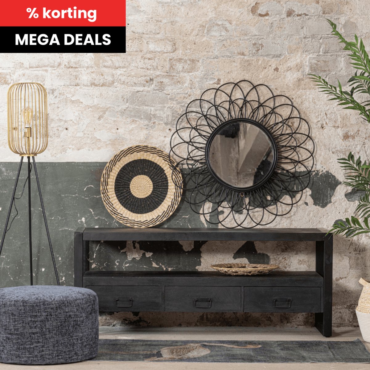 Mangohouten TV Meubel Britt Black 150 cm Mahom Industrieel - TV Meubel van Mangohout & Metaal - Industriële TV Meubel