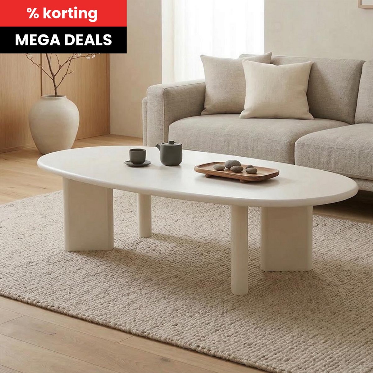 Salontafel Organisch Savannah Microcement Paneelpoot 120 cm Wit Mahom Industrieel - Kleine tafel van Mangohout & Metaal - Industriële Huiskamertafel