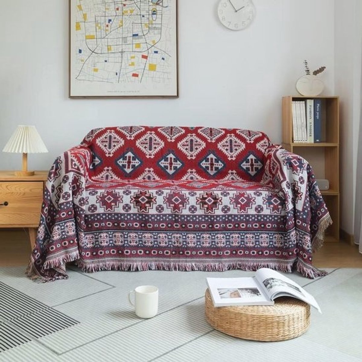 Katoenen bankhoezen voor 2-3 kussenovertrekken - sectionele bankhoes met gebreide diamantgeometrie, 180 x 340 cm