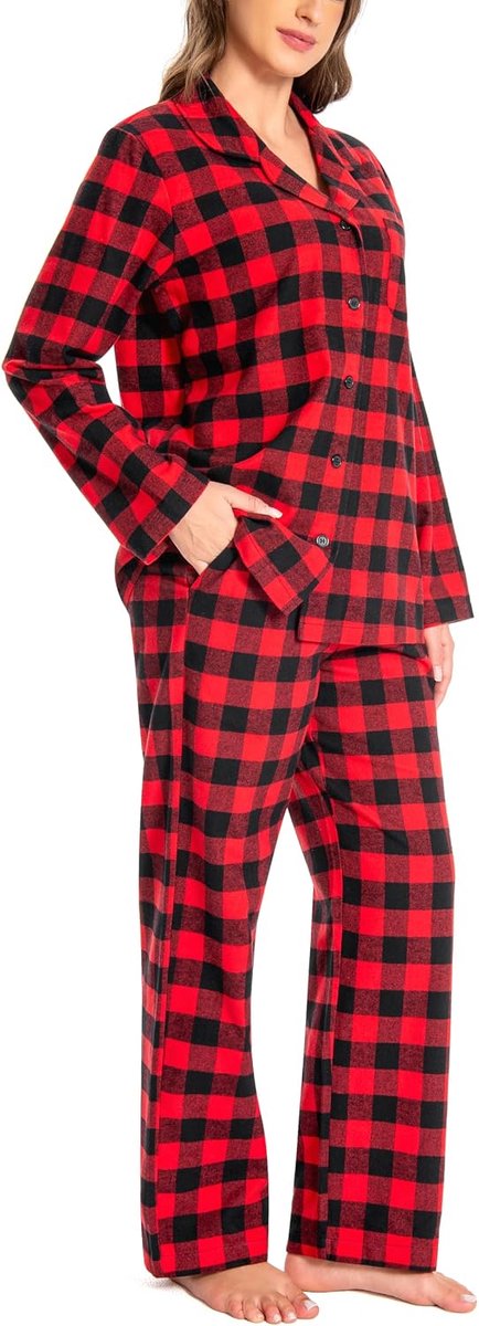 Pyjama dames 100% katoen flanel pyjama set lange mouwen bovendeel met open kraag knopen lang onderste deel winter nachtkleding loungewear V-hals shirt en broek D06