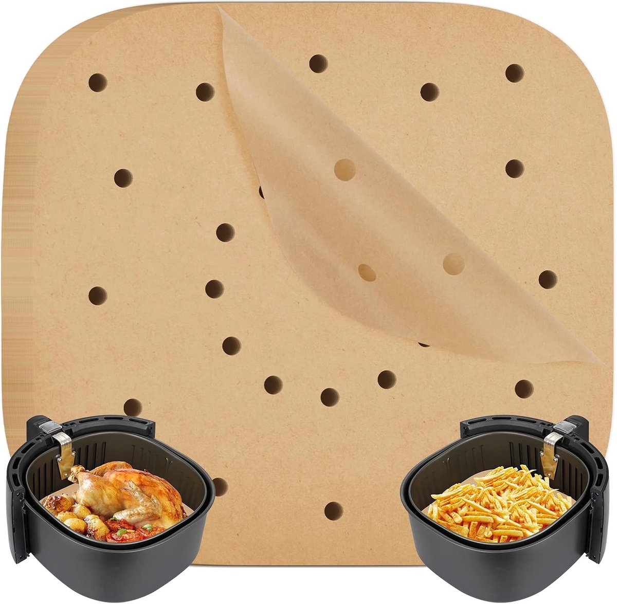 100 vellen Air Fryer papier, luchtfriteuse perkamentpapier bakpapier airfryer, anti-aanbak geperforeerd ongebleekt braadpapier voor bakpapier, bakpapier airfryer liners