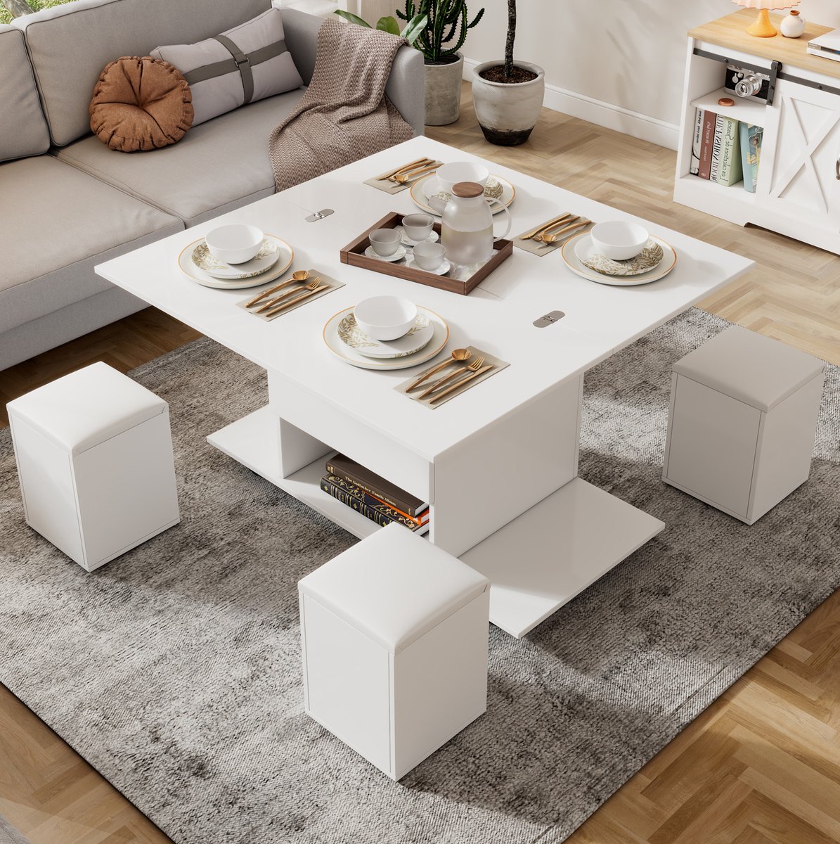 MEUNIQ Hoogteverstelbare salontafel 100 x 100 cm met opklapbaar blad, opbergruimte, wieltjes en 4 hockers voor woonkamer, wit