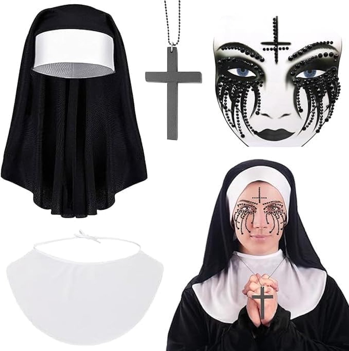Nonnenkostuum voor dames, horror-nonnenkostuum halloweenkostuum met nonnenkap, hoofddeksel, kraag, kruisketting, glitterstenen, tattoo, gothic, nonnenkostuum, volwassenen, voor