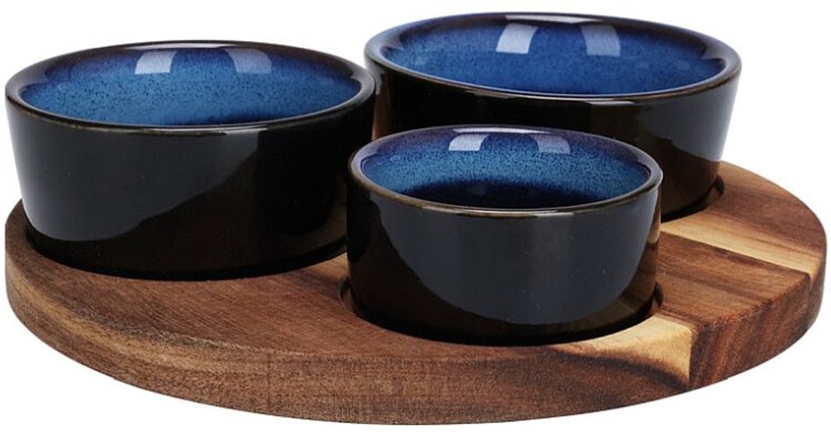 Serveerschalen met rond dienblad, set van 4 stuks, blauw
