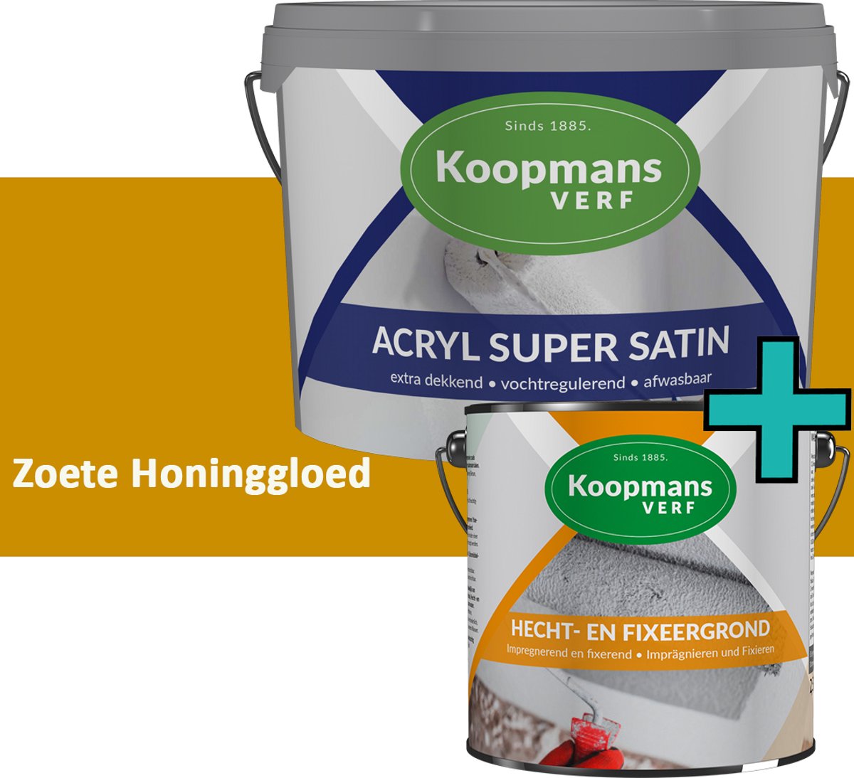 Koopmans Hecht- en Fixeergrond 2,5 l + Acryl Super Satin Muurverf - Set - Primer + Zijdeglans Muurverf Binnen en Buiten - Afwasbaar en Dekkend - Zoete Honinggloed - 1 l