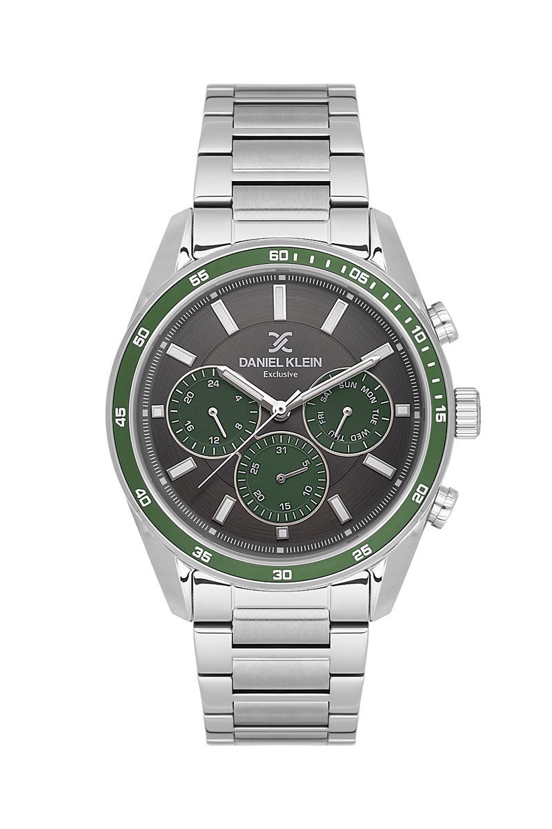 Daniel Klein-herenhorloge-chrono-dag en datum-staal-groen/zwarte wijzerplaat-5 bar waterdicht-diameter 43 mm