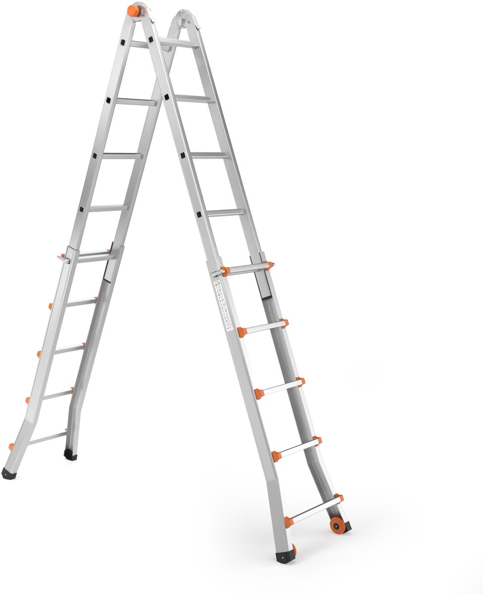RMBO Professionele Uitschuifbare Vouwladder 4x5 - Vouwladder - Multiladder - 5,10 m lang - Compact en Draagbare ladder - Geschikt voor Particulier en Professioneel Gebruik - Max. Belasting 150 kg, EN 131.6