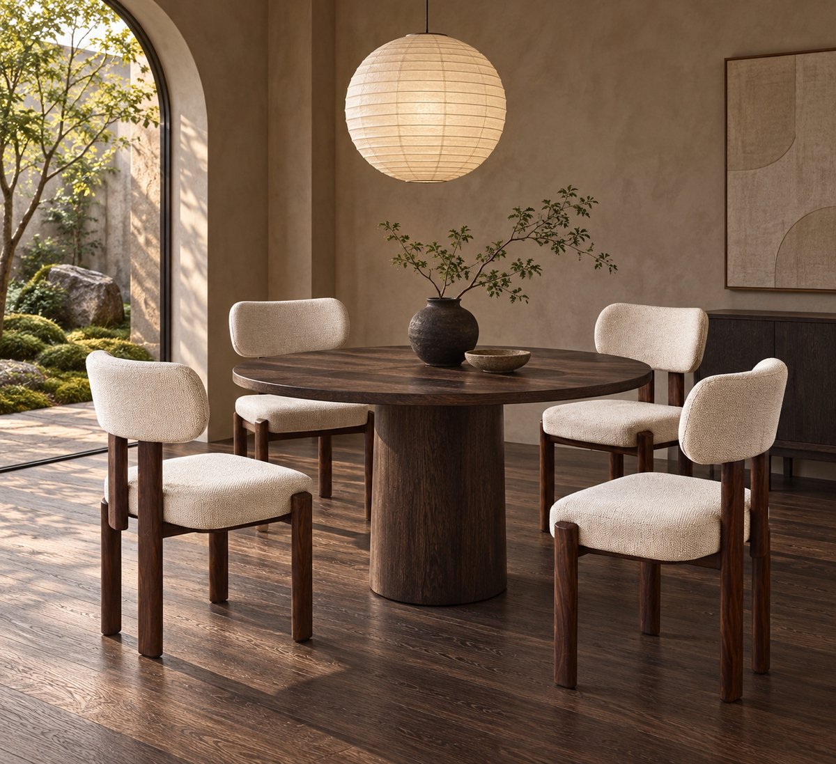 Set van 4 Eetkamerstoelen Naomi Beige – Japandi Eetstoelen met Walnootkleurige Poten – Japanse Stijl Stoelen voor Eetkamer, Woonkamer & Eettafel – Moderne Set Deal 4 Stuks