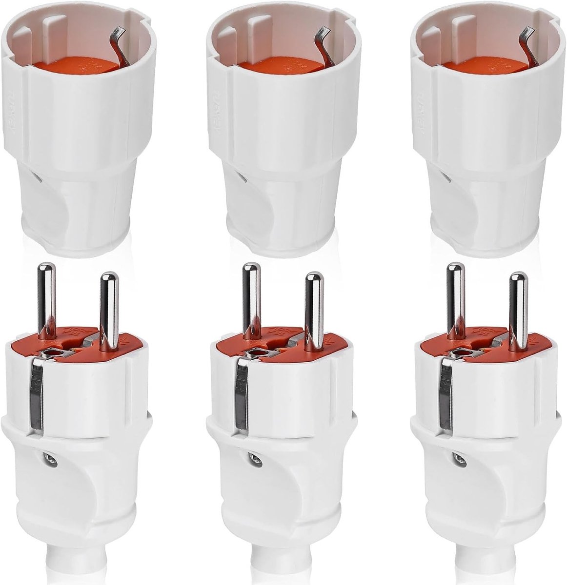3 Paar Schuko Stekker Koppeling, Geaarde Stekker en Aardingskoppeling, PVC Koppeling voor 1 - 1 cm² Kabel, 250 V, 16 A, Geschikt voor Buitengebruik, IP20