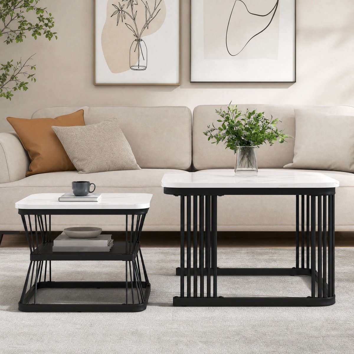 MEUNIQ 2-delige bijzettafelset met hoogglans marmerlook MDF tafelbladen en zwart stalen frame, 65 x 65 x 45 cm, wit, voor woonkamer