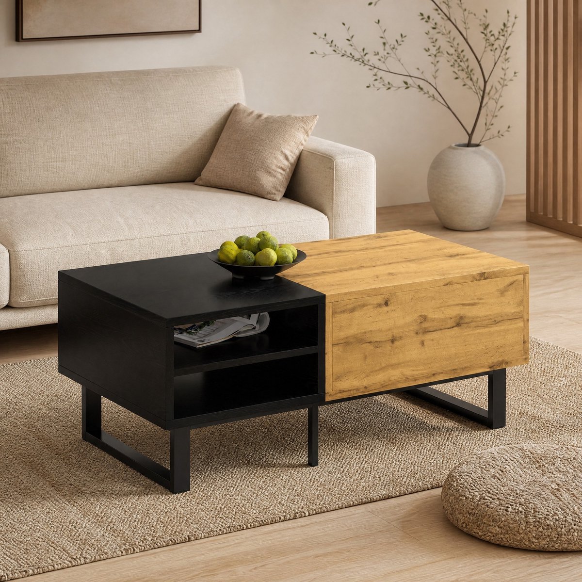 MEUNIQ Salontafel 100 x 50 x 40 cm met 3 open vakken en 1 lade - rechthoekige koffietafel met metalen poten voor woonkamer - Zwart en Naturel
