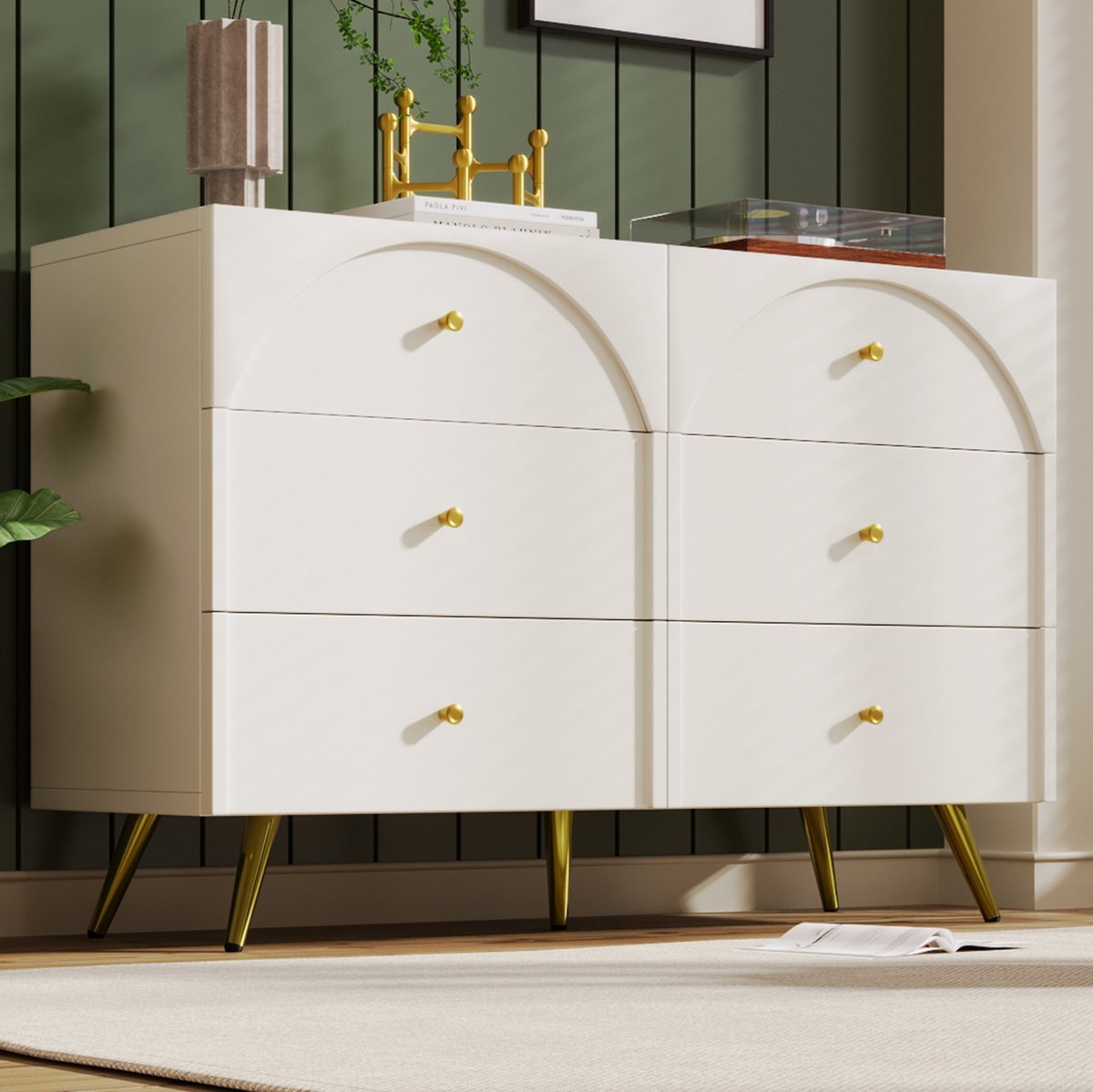 MEUNIQ Ladekast met 6 lades – 120 x 40 x 85 cm – gebogen ladefronten, verstelbare middenpoot en metalen poten – crèmewit