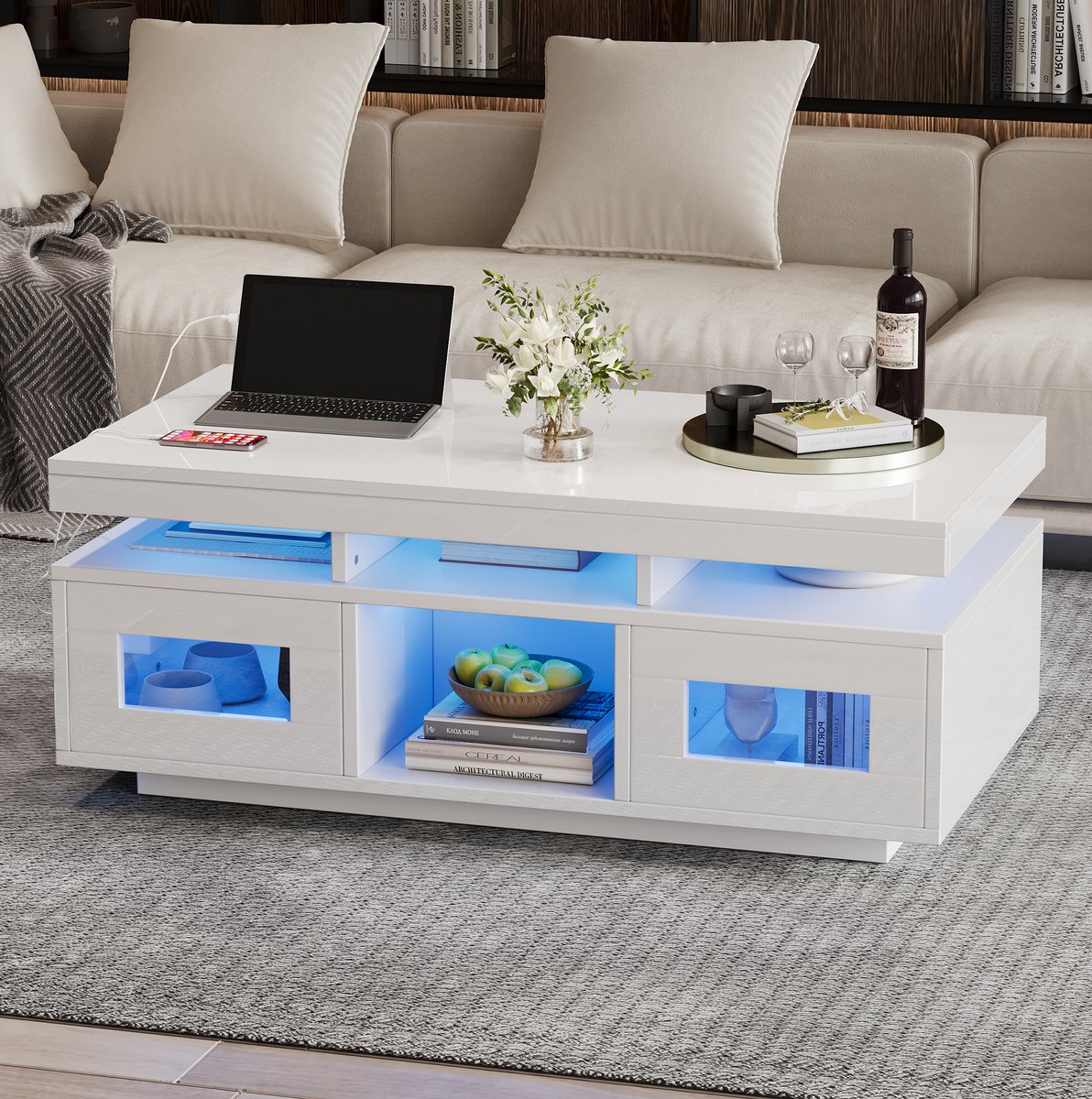 MEUNIQ Salontafel 100 x 50 x 43 cm met appgestuurde RGB-led, USB en stopcontact, 2 kasten en open vakken, wit hoogglans voor woonkamer